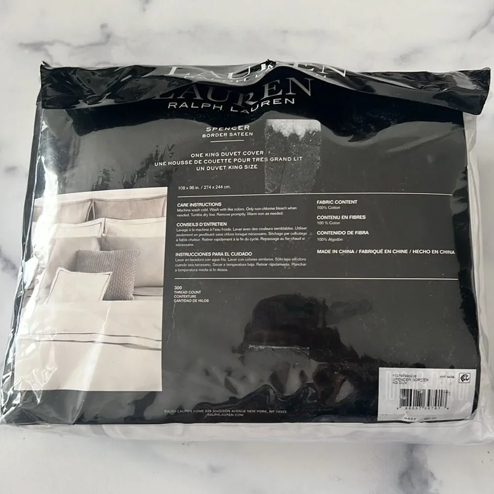 Lauren Ralph Lauren Spencer Sateen Border White Sage King Duvet Cover, NWT